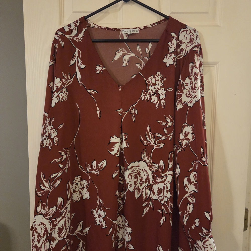 Chic Orange/Brown Floral V-Neck Top